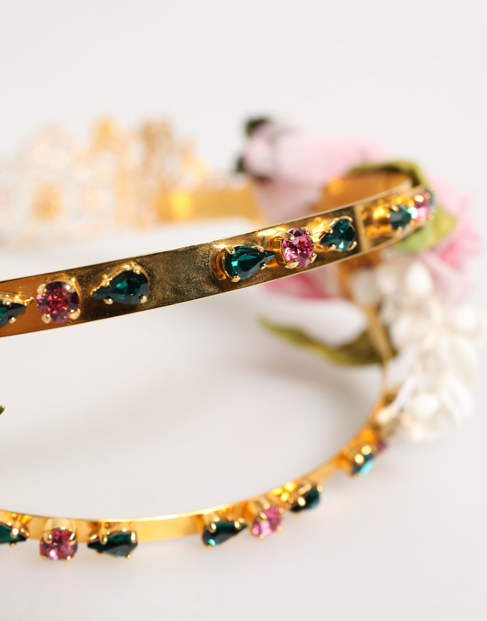 Thumbnail: Gold Floral Tiara Pink Roses Crystal Crown Headband