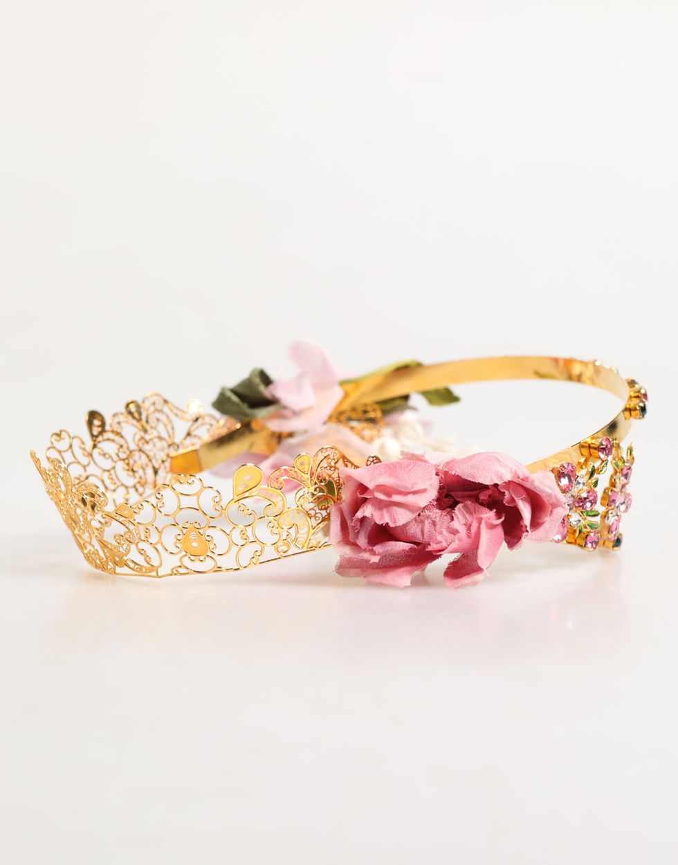 Thumbnail: Gold Floral Tiara Pink Roses Crystal Crown Headband