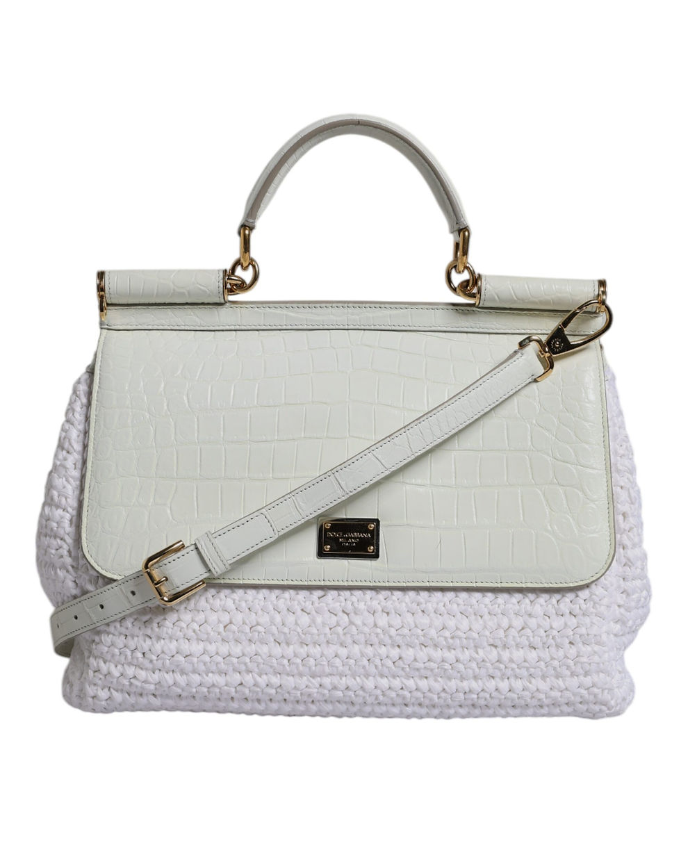 Thumbnail: White Rafia Leather Top Handle Crossbody Bag