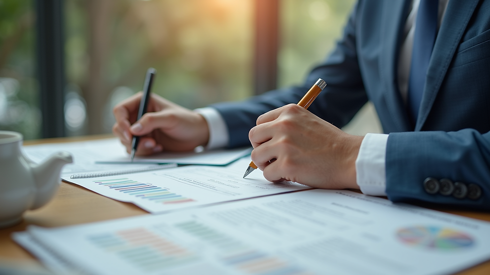 Close-up view of a person filling out financial forms at a desk