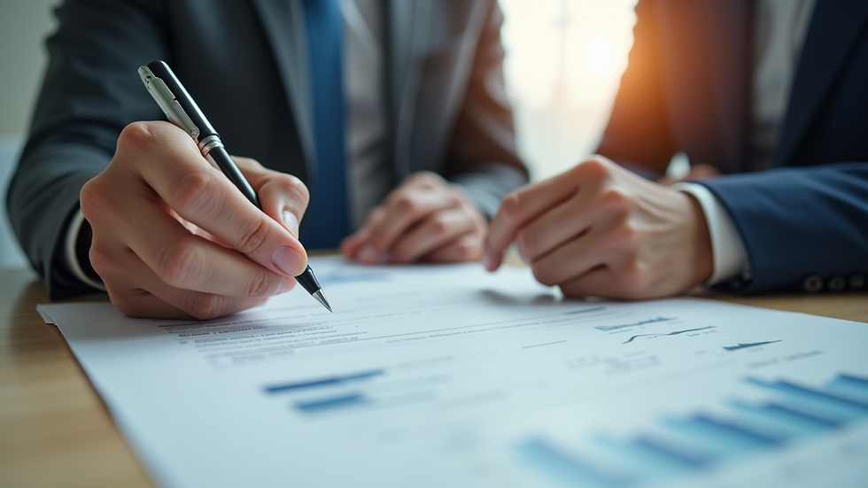 Eye-level view of a person reviewing financial documents at a desk