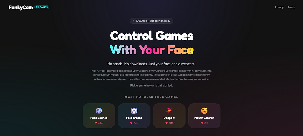 Plataforma gratuita que usa expressões faciais para controlar mini‑games divertidos.