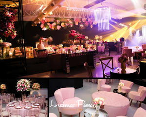 Decoração de debutante contemporânea com aéreos florais, geometrias e flores em tons de rosa.