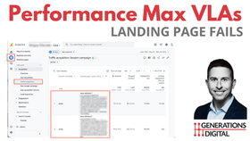 GA4 report showing Performance Max traffic breakdown by channel and landing page for a dealership account