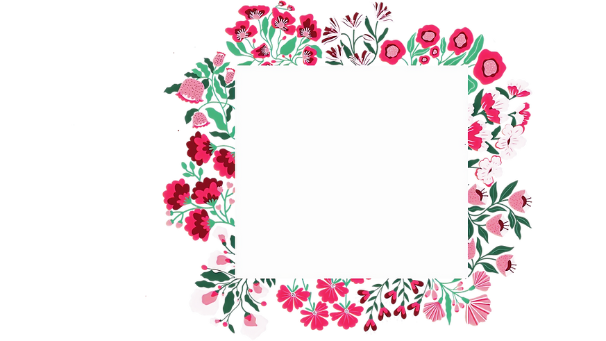 Square flower frame. flowers are different shade of pink (light, medium and dark) with green stems and leafs