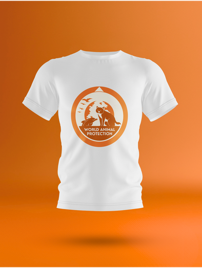 White shirt with new World Animal Protection logo. With orange background