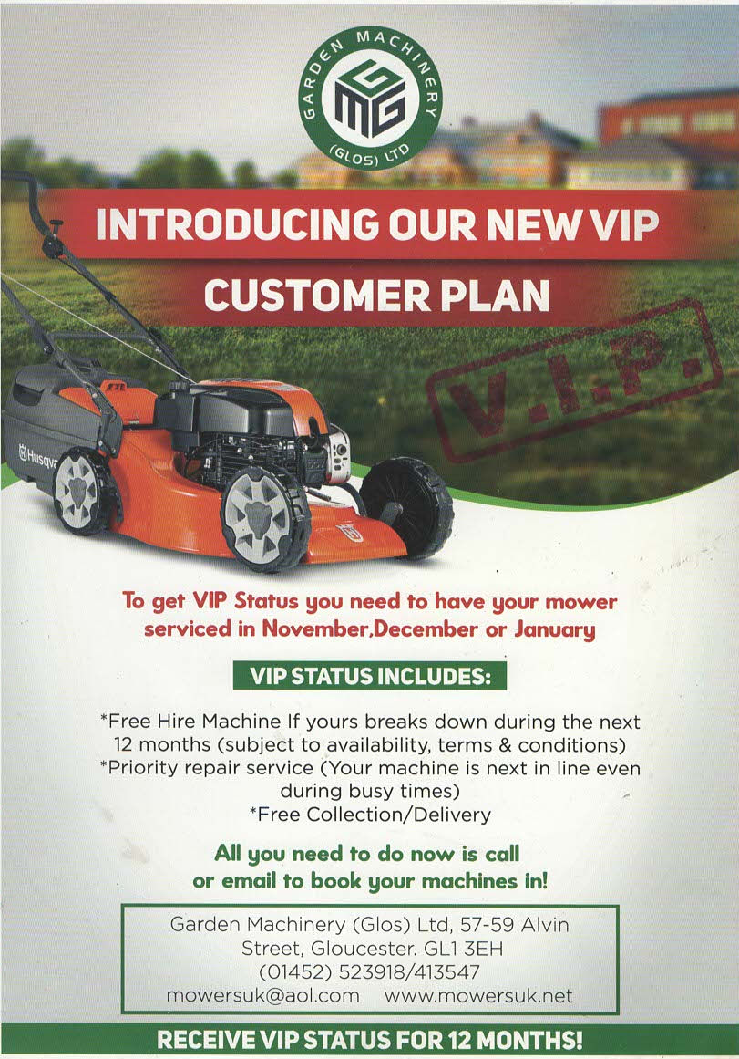 VIP Benefits leaflet for garden machinery glos ltd