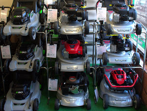 Display of walk-behind mowers in stock at Garden Machinery (Glos) Ltd