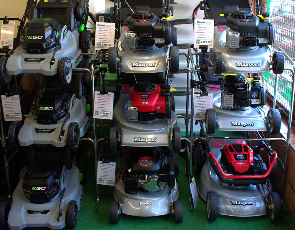 Display of walk-behind mowers in stock at Garden Machinery (Glos) Ltd