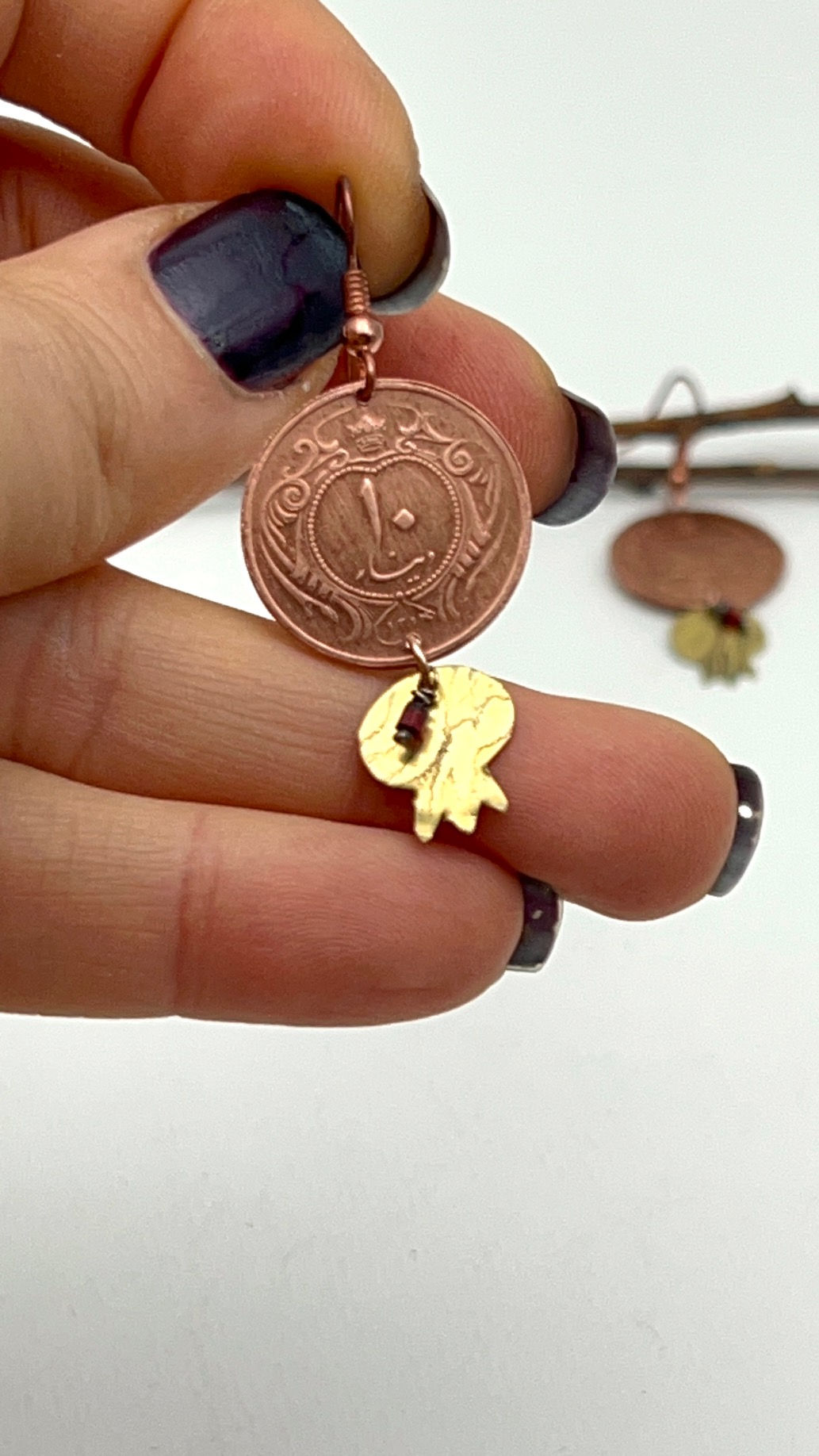 Persian coin with brass pomegranate and red beads