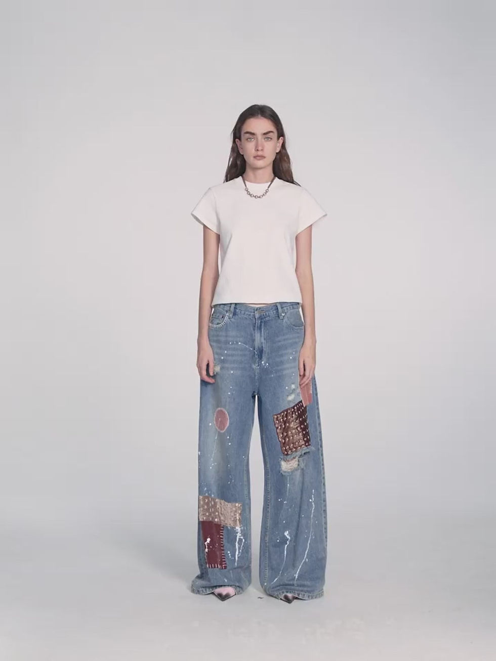 Thumbnail: "Uninhibited SplicingWashed Ripped Hole Paint Cloth Patch Wide-Leg Jeans