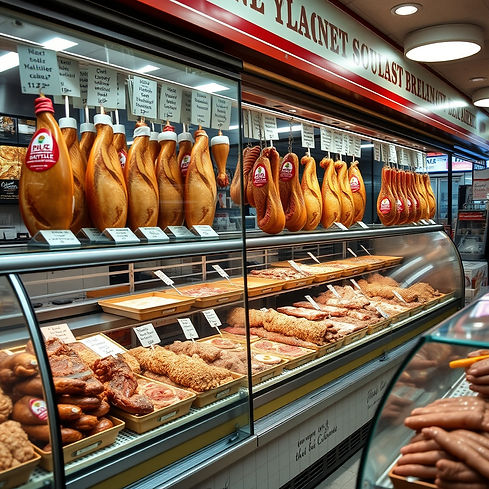 High Quality NY Delicatessen with imagery of meats on display in glass display cases. Maga