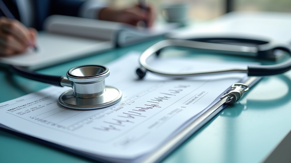 High angle view of medical documents and stethoscope on desk