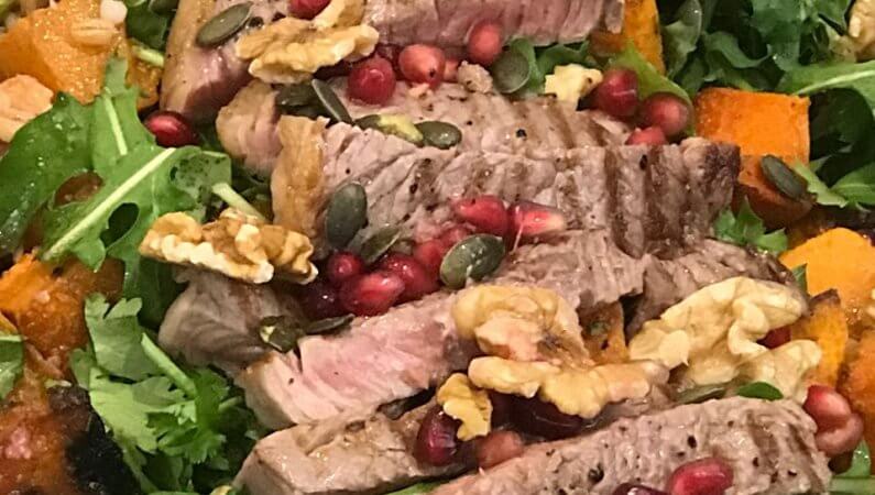 Roast Butternut, Barley, Rocket & Pomegranate Salad with Steak