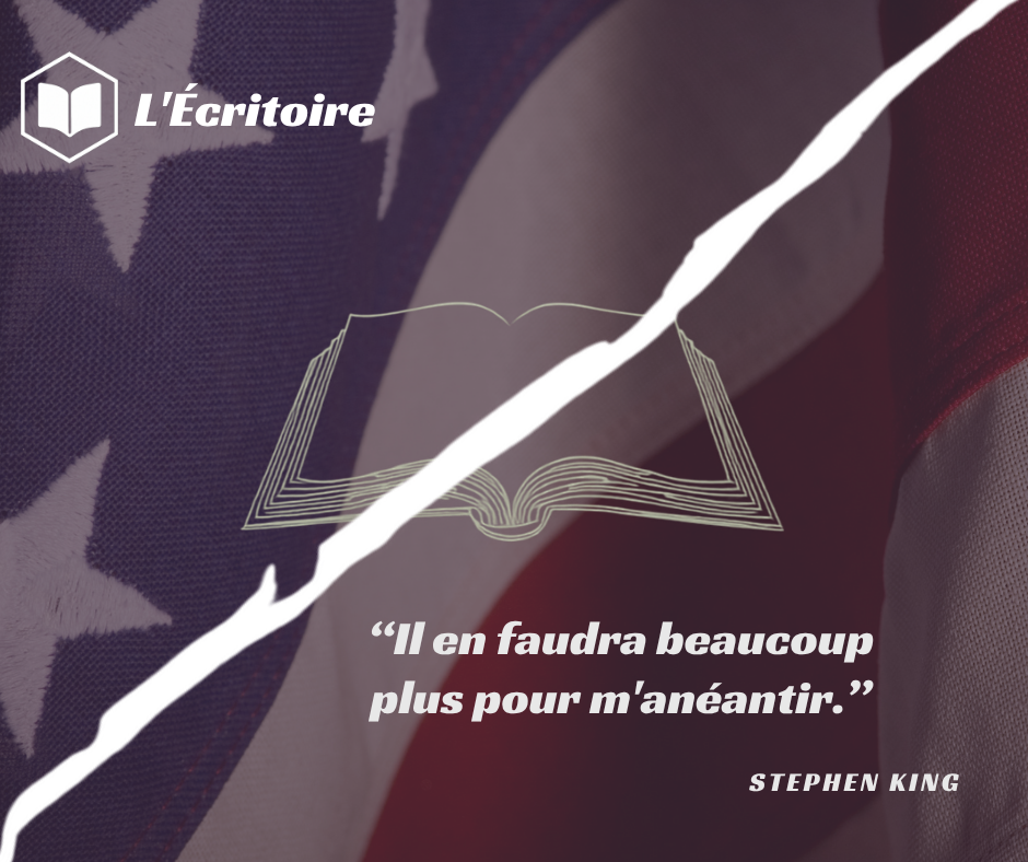 Livre avec drapeau us et citation Stephen King