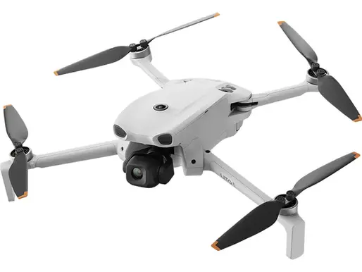Drone branco com câmera, DJI Lito X-1,hélices pretas e detalhes laranja. Fundo neutro. Design moderno e compacto.