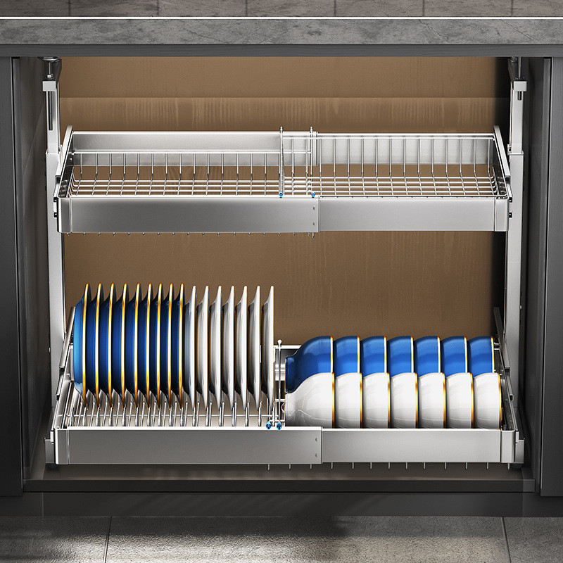 Thumbnail: Adjustable Pull-Out Stainless Steel Dish and Bowl Organizer
