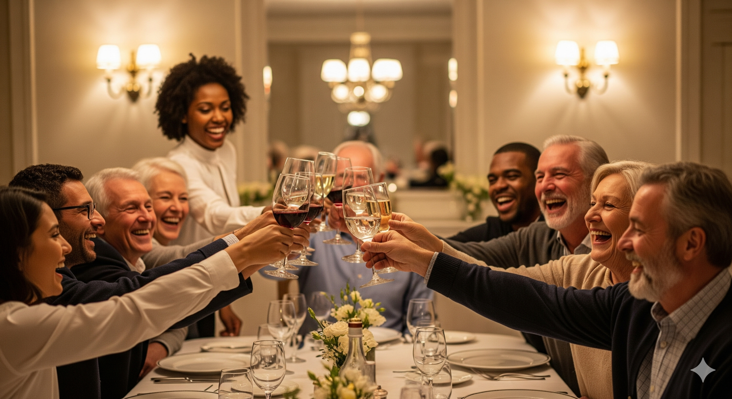 Group of people at a table celebrating