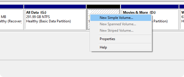 Create a New Simple Volume from an unallocated partition.