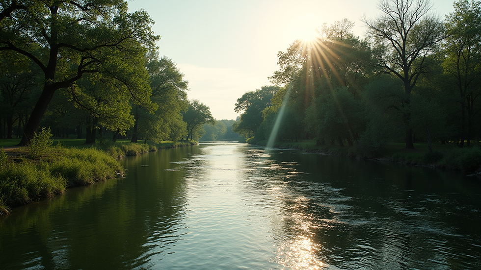 Wide angle view of the Guadalupe River flowing through New Braunfels with trees on both sides