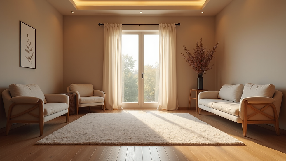 Eye-level view of a cozy therapy room with soft lighting and comfortable chairs