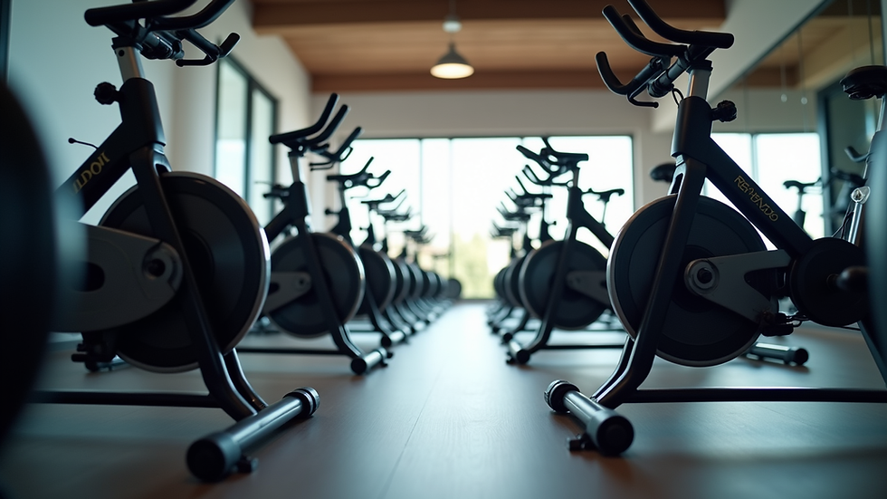 Eye-level view of indoor cycling bikes arranged in a modern gym studio