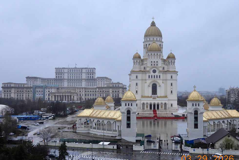 This is the view from our hotel room window. The large building to the left is the Palace of Parliament. It is the largest civilian administrative building in the world. The building on the right is the National Cathedral of Romania (Eastern Orthodox). The building is not yet complete, and is controversial because of the huge cost.
