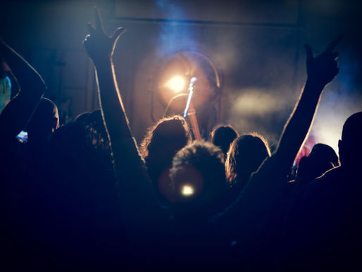 Concert crowd silhouetted with raised arms, backlit by stage lights. Smoky atmosphere, energetic mood, no visible text.