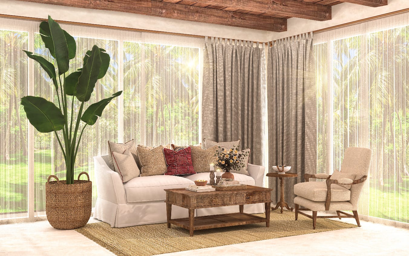 A cozy and stylish living room with bright blue and white traditional Greek island architecture visible through large windows. The interior features a modern orange and white sofa, elegant gold floor lamps, a wooden coffee table, and a bookshelf filled with books. Blue accents and Mediterranean elements create a warm, inviting atmosphere. This image was generated using ArchiVinci AI.