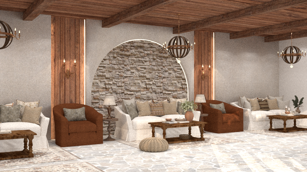 A cozy and stylish living room with bright blue and white traditional Greek island architecture visible through large windows. The interior features a modern orange and white sofa, elegant gold floor lamps, a wooden coffee table, and a bookshelf filled with books. Blue accents and Mediterranean elements create a warm, inviting atmosphere. This image was generated using ArchiVinci AI.
