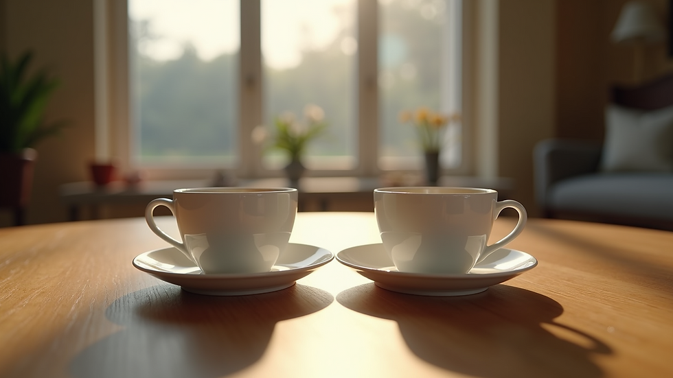 Eye-level view of two coffee cups resting on a wooden table, symbolizing connection in relationships