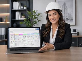 Engenheira Pós-Obra no Computador do Sistema FastBuilt para Assistência Técnica