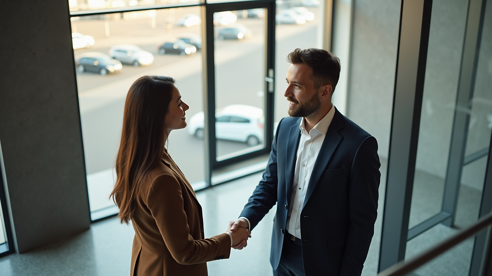 High angle view of a business consultant shaking hands with a client in an office