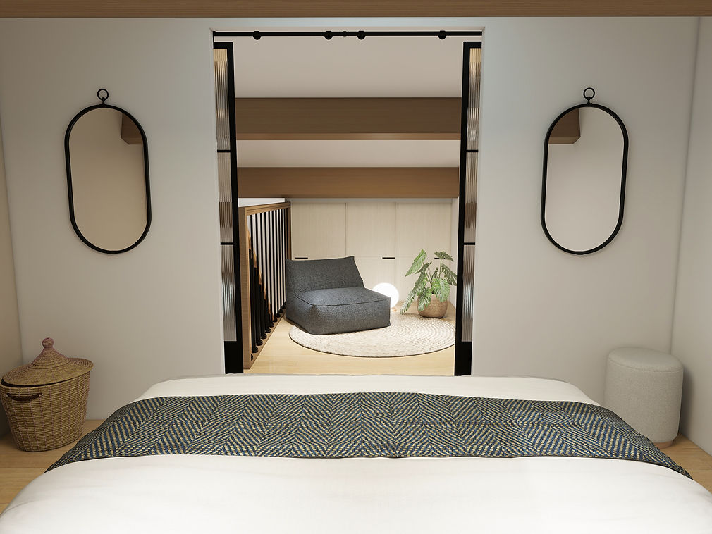 Avant / après de la rénovation de chambres sous pente dans un appartement à Hyères, avec optimisation des espaces, rangements sur mesure et ambiance moderne et chaleureuse.