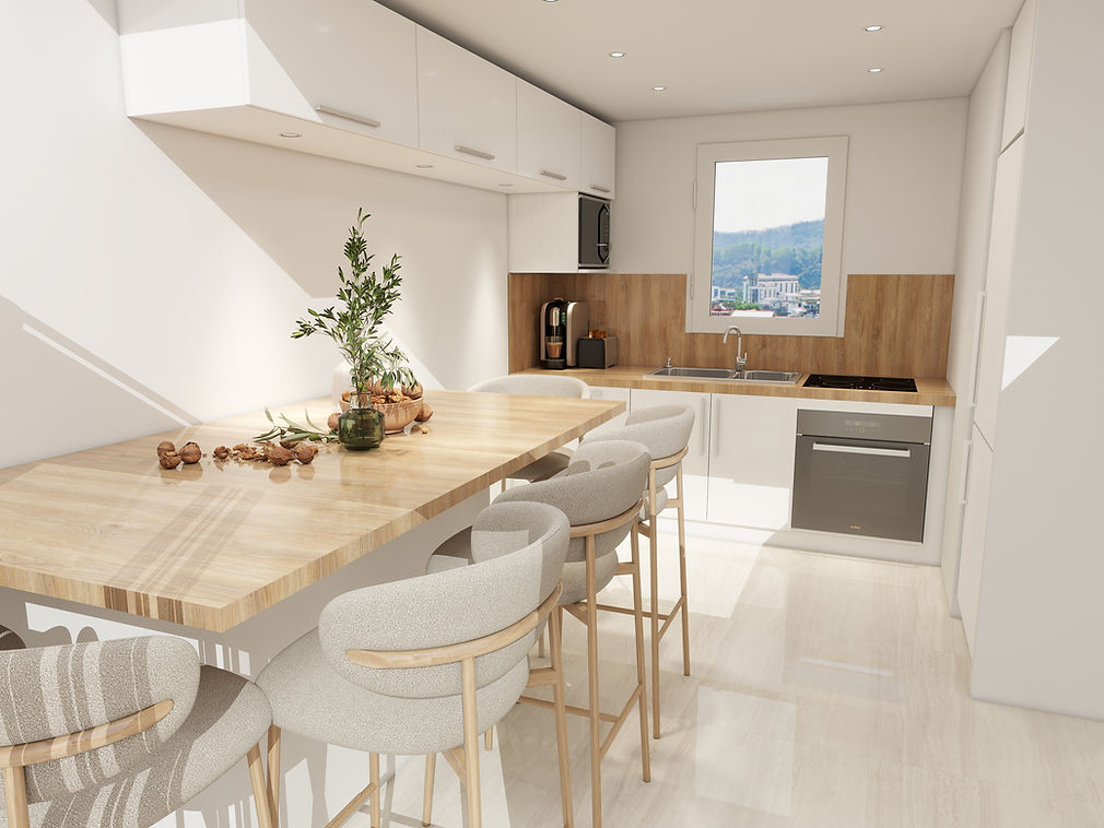 Cuisine rénovée d’un appartement en location saisonnière au Port d’Hyères, avec îlot central en bois, mobilier moderne et ambiance lumineuse méditerranéenne, rendu 3D après rénovation