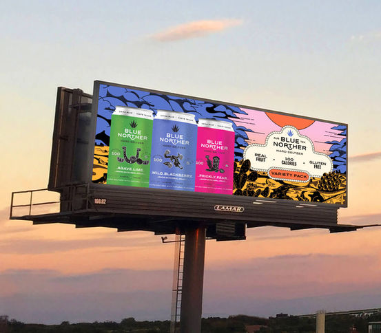 This billboard highlights Blue Norther’s refreshed packaging artwork, extending the new visual direction across a city-wide billboard campaign. I carried the updated brand elements—illustration style, color palette, typography, and tone—into large-format layouts that delivered clear, consistent recognition at scale. By unifying the packaging’s bold, Texas-inspired aesthetic with high-visibility outdoor placements, the campaign reinforced brand cohesion, introduced the new look to a broad audience, and strengthened Blue Norther’s presence throughout Austin.