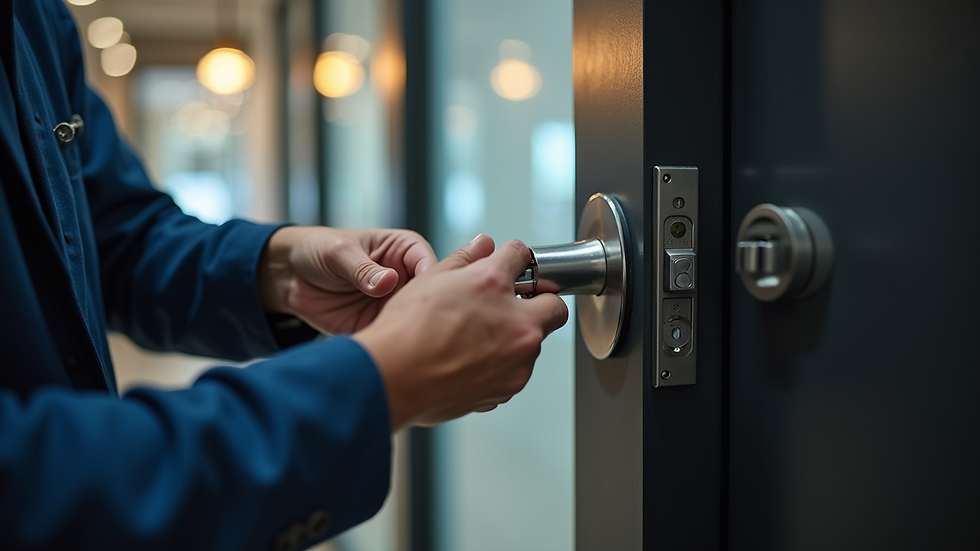 Close-up view of a locksmith installing a high-security lock on a commercial door