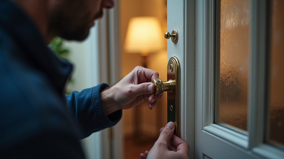 Eye-level view of a locksmith repairing a residential door lock