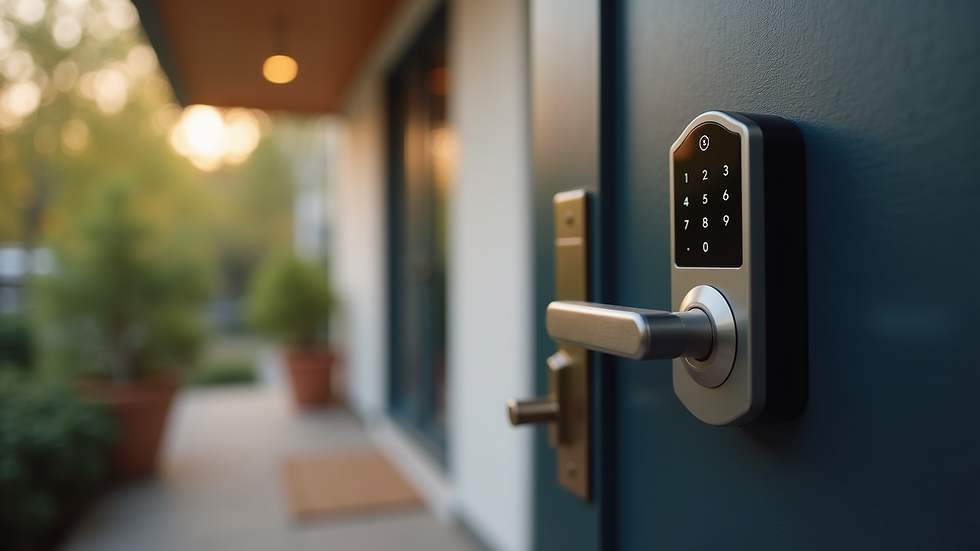 Eye-level view of a smart lock keypad on a front door