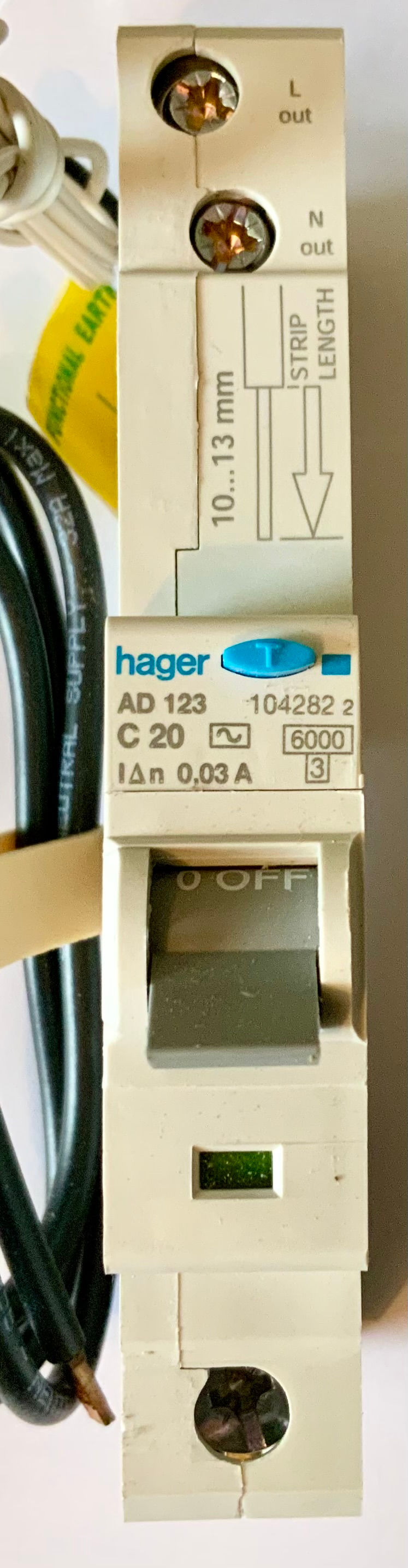 Hager AD123 C20 RCBO 1P 20A Type C 6kA 30mA Class AC 104282