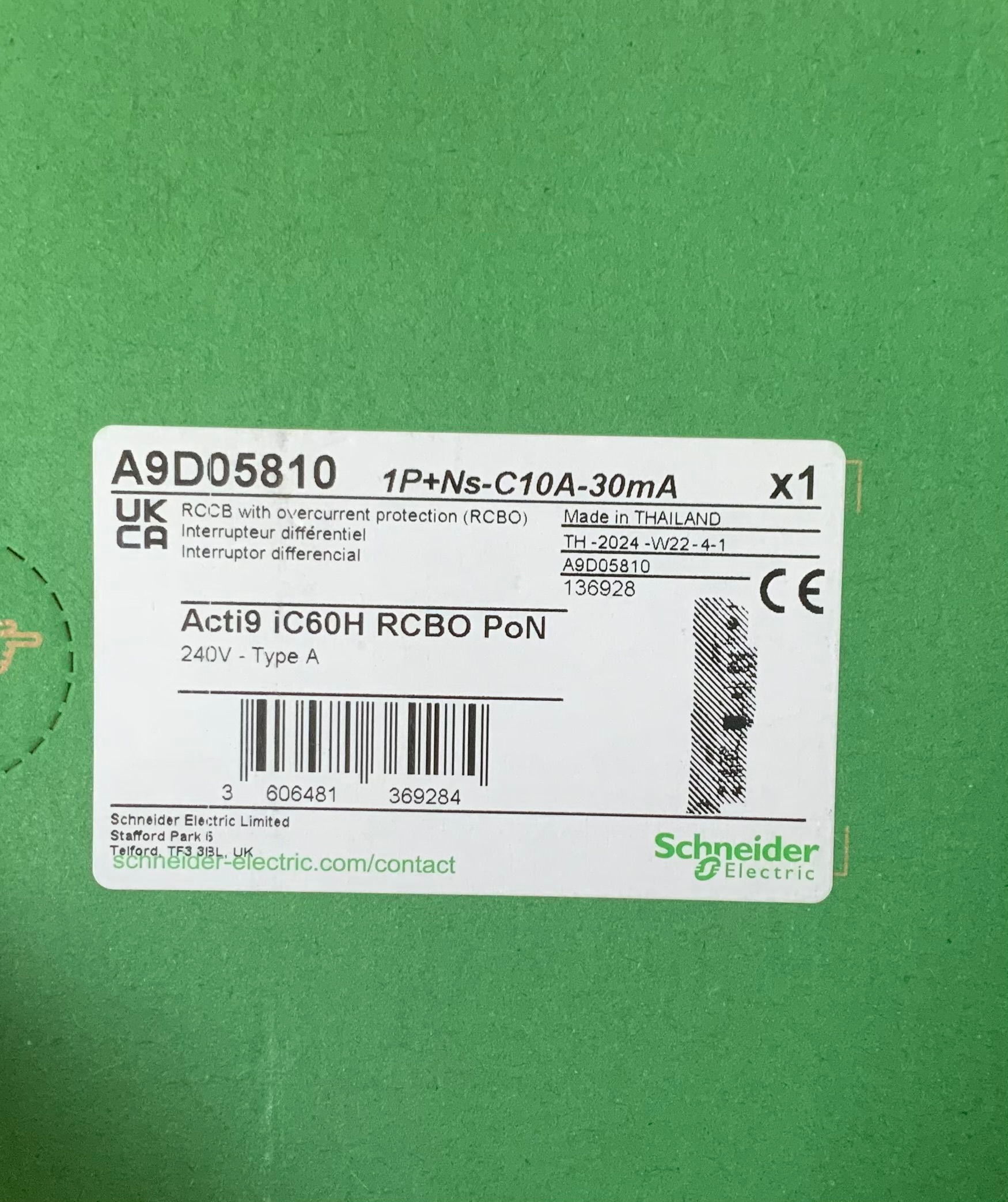 SchneiderA9D05810 RCBO PoN C10 30mA Type A Box