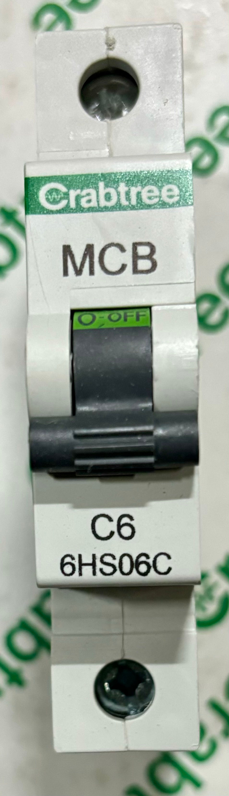 Crabtree 6HS06C C6 MCB 6A Type C Version with switch set in the middle of the MCB face.