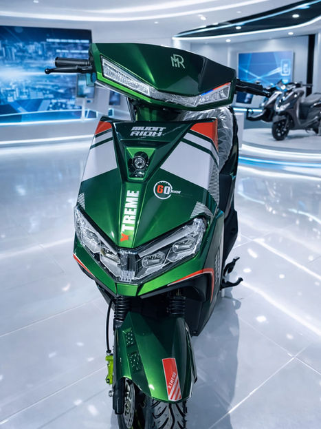 Front-on view of a metallic green XTREME electric scooter with black and white sporty decals, featuring a sleek aerodynamic front cowl.
