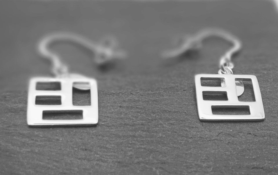 Thumbnail: Sterling silver drop geometric square  earrings