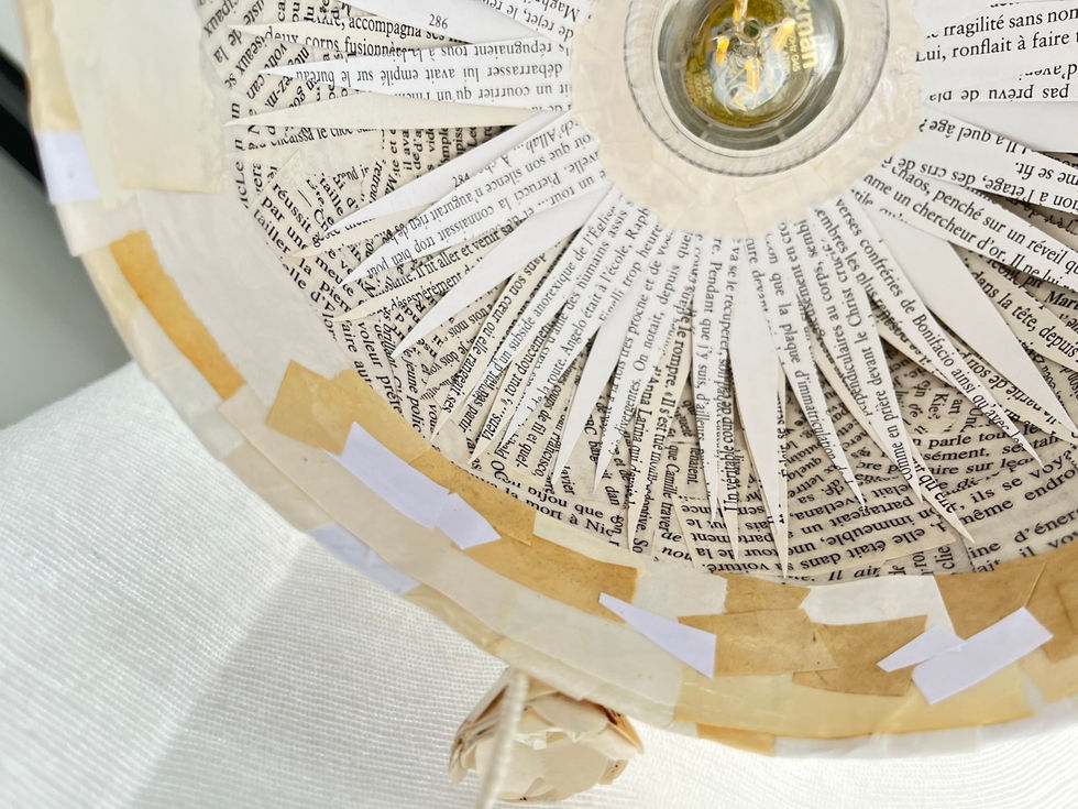 intérieur de la suspension avec son ampoule et ses pétales en papier de livre avec écriture. 