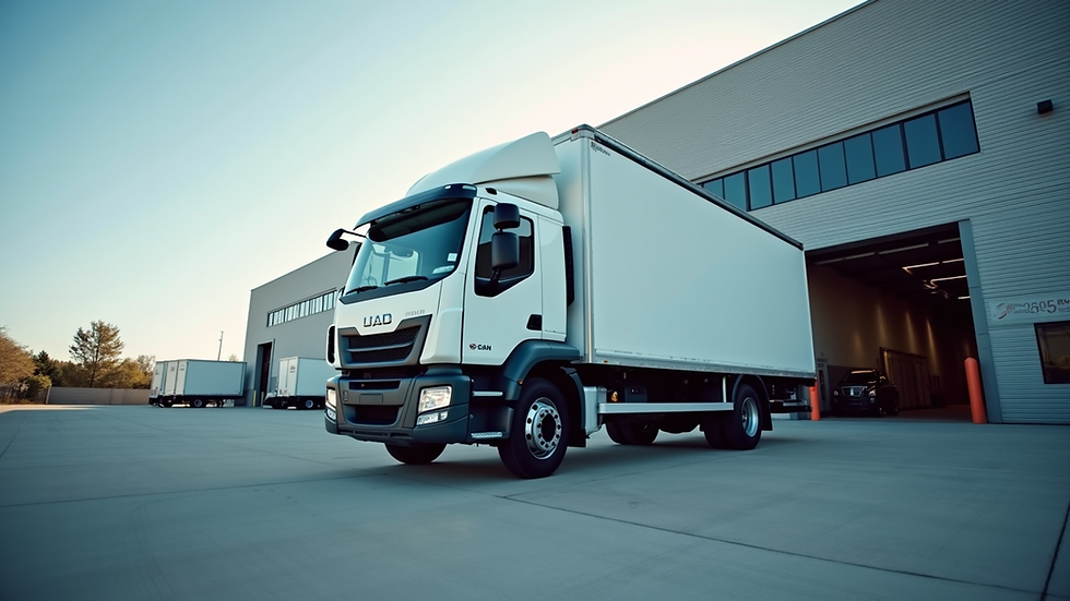 Eye-level view of a delivery truck parked outside a modern warehouse