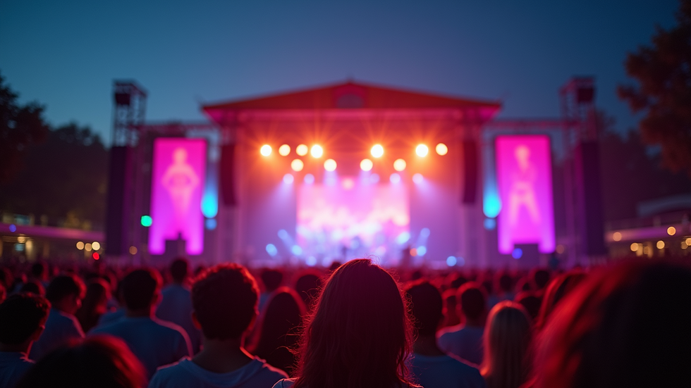 Eye-level view of a vibrant outdoor concert stage with colorful lights