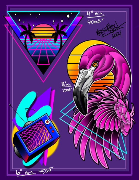 80's tattoo flash, flamingo and tv 