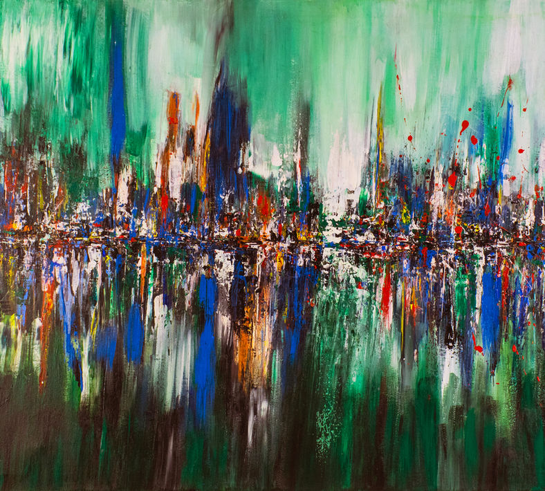 Mood on the Clown by Elmi Abstracts - A heavily textured abstract landscape painting featuring vibrant vertical strokes of green, blue, and colorful highlights.