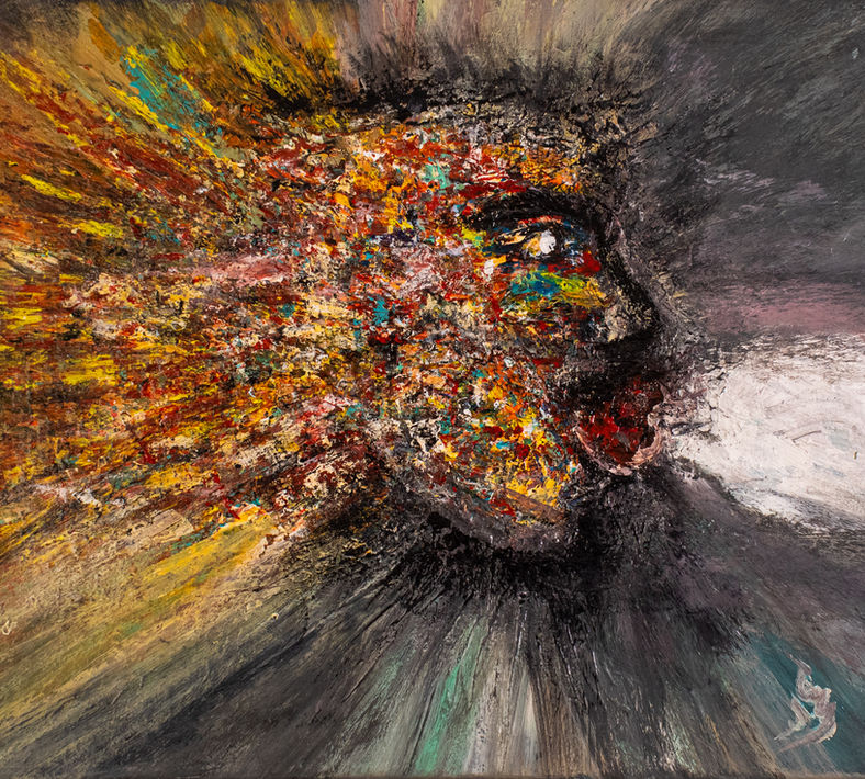 Brush Stroke of Bliss, Kiss Blower by Elmi Abstracts - A textured abstract painting featuring a profile releasing a colorful, radiant burst of texture.